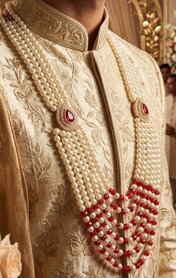 premium groom layered wedding haar featuring alternating red coral gemstone beads view 3