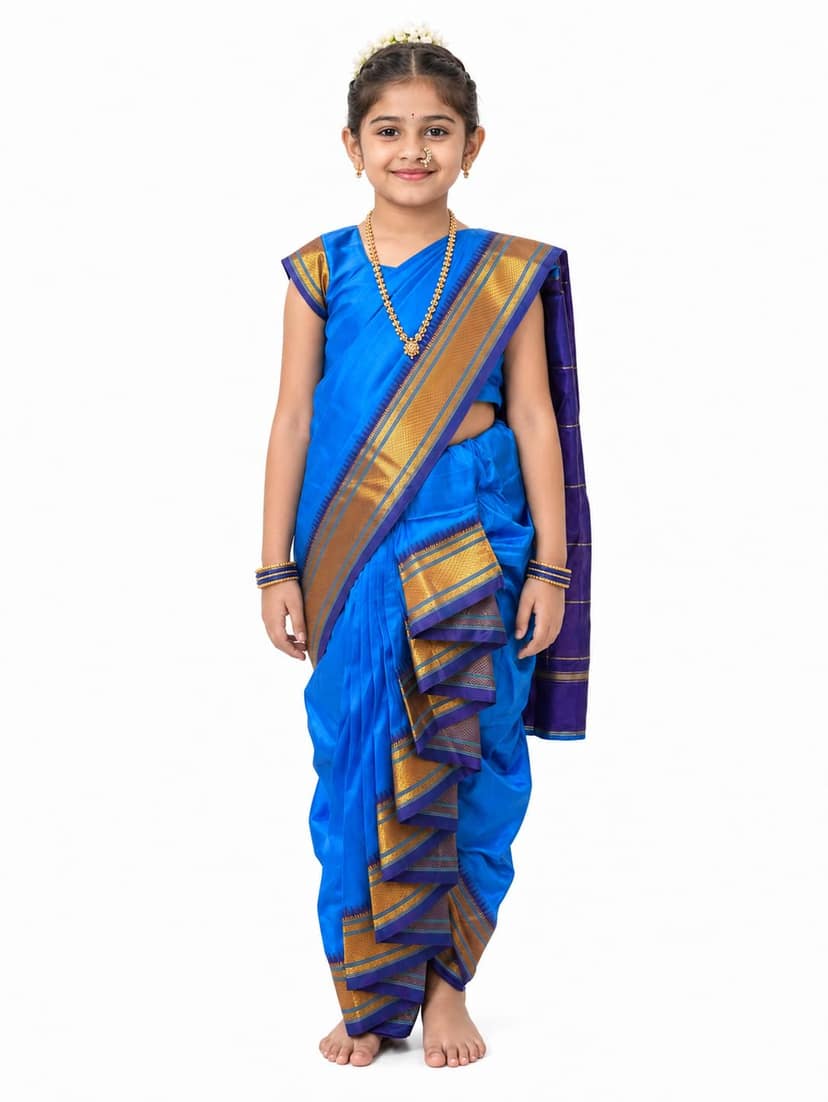 luster Shahi Mastani Nauvari saree for kids/girls Ready-to-wear with a stitched blouse, Traditional Maharashtrian Marathi saree, for School program ganpati pujas festival (SkyBlue, 4-5 Years)