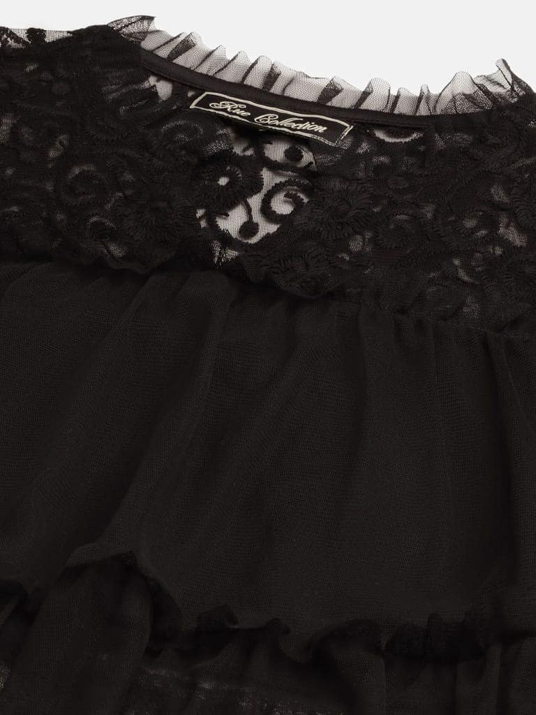 Black Floral Embroidered Sheer Net Top view 2