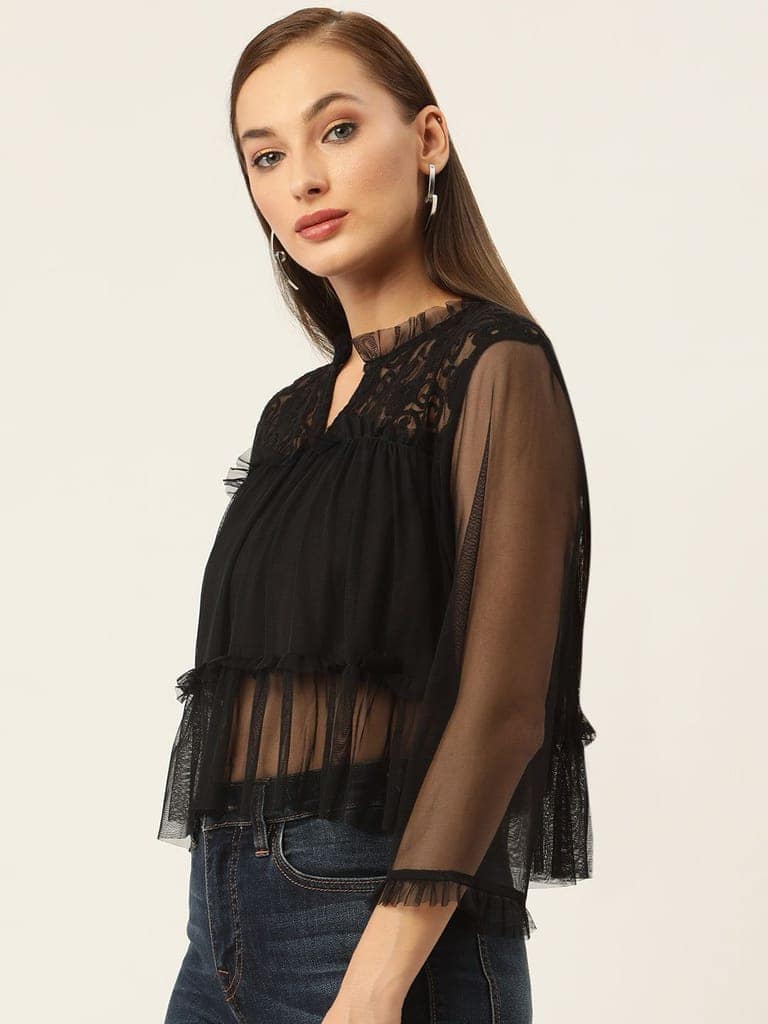 Black Floral Embroidered Sheer Net Top view 3