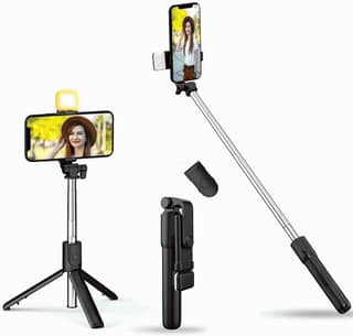 SOOPII 3-in-1 Bluetooth Selfie Stick Tripod with Wireless Remote & Fill Light, Foldable & Extendable Mobile Stand, Compatible with Android & iPhone - Black