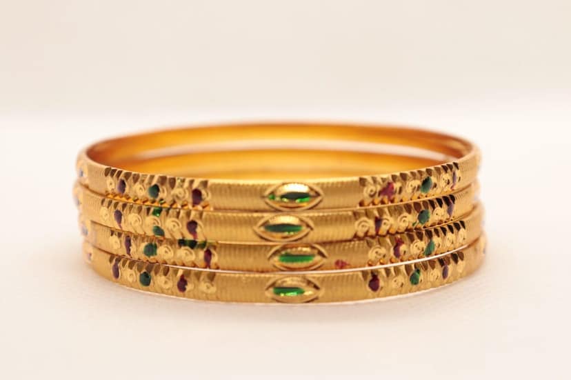 Gold Plated Bangles with Green and Red Stones of 4 Piece Set