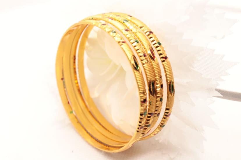 Gold Plated Bangles with Green and Red Stones of 4 Piece Set view 2