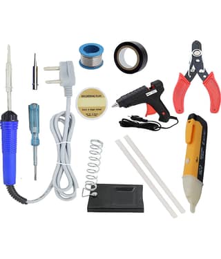 ALDECO: ( 12 in 1 ) 25 Watt Soldering Iron Kit With-Blue Iron, Wire, Flux, Bit, Stand, Cutter, Tape, Tester, Glue Gun, 2 Glue Stick, Voltage Alert