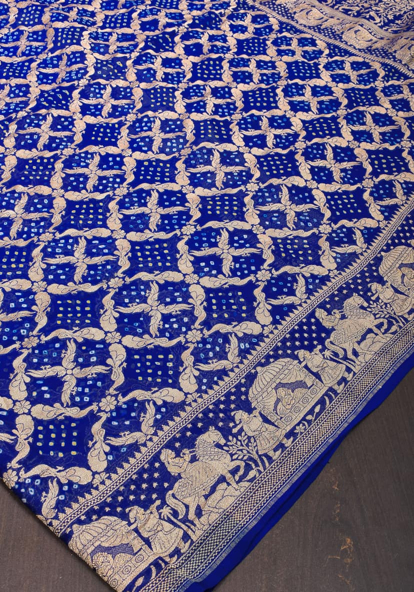 Blue Authentic Bandhej Pure ilk Georgette Saree with Shikaargah Jaal and Palki Borders | SILK MARK CERTIFIED view 2