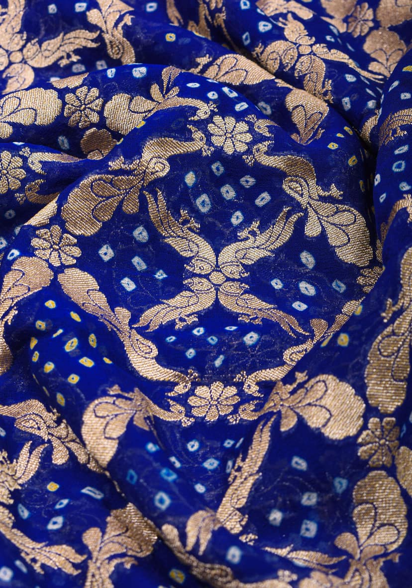 Blue Authentic Bandhej Pure ilk Georgette Saree with Shikaargah Jaal and Palki Borders | SILK MARK CERTIFIED view 3