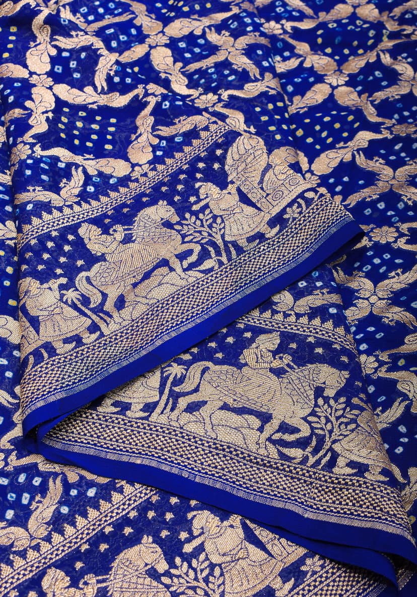Blue Authentic Bandhej Pure ilk Georgette Saree with Shikaargah Jaal and Palki Borders | SILK MARK CERTIFIED view 4