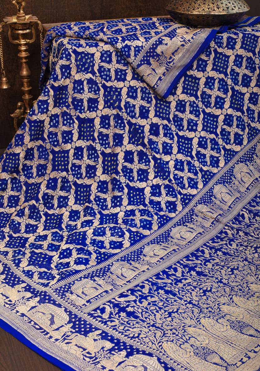 Blue Authentic Bandhej Pure ilk Georgette Saree with Shikaargah Jaal and Palki Borders | SILK MARK CERTIFIED view 5