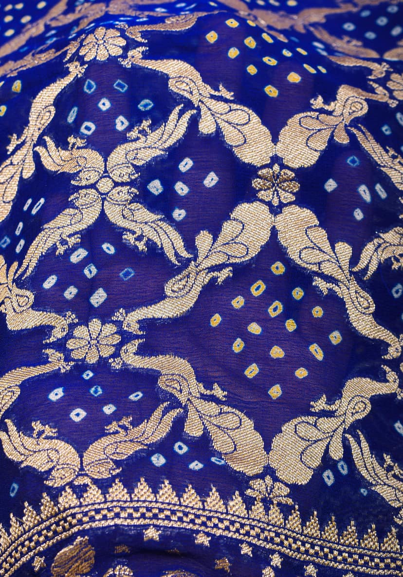 Blue Authentic Bandhej Pure ilk Georgette Saree with Shikaargah Jaal and Palki Borders | SILK MARK CERTIFIED view 6