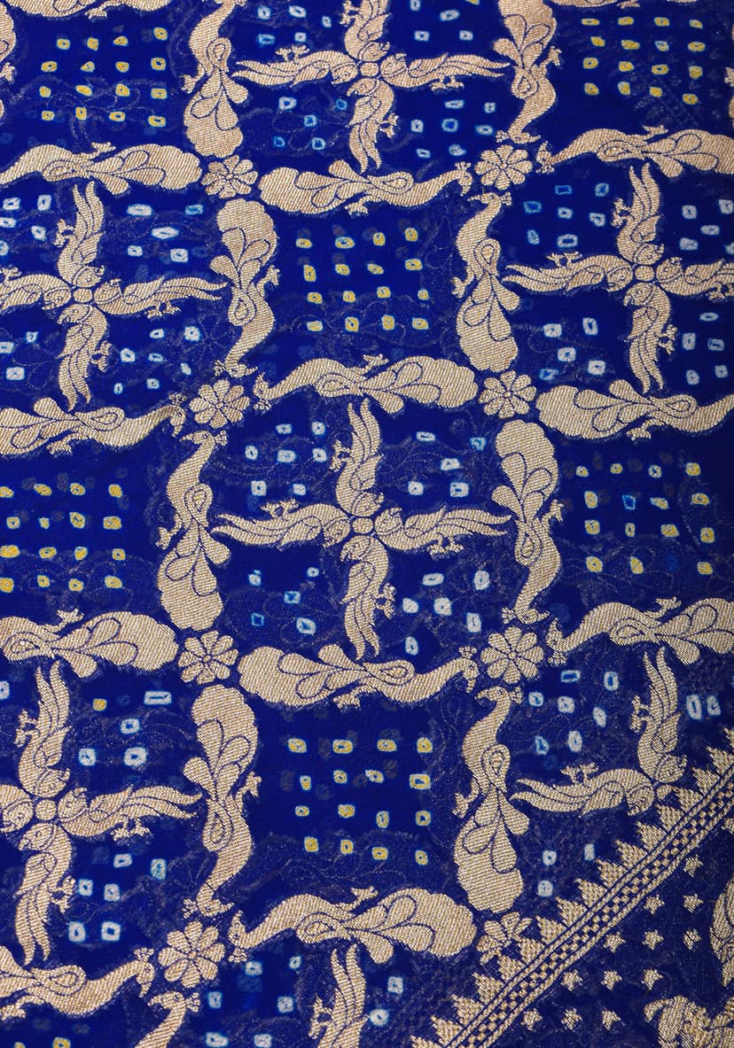Blue Authentic Bandhej Pure ilk Georgette Saree with Shikaargah Jaal and Palki Borders | SILK MARK CERTIFIED view 7