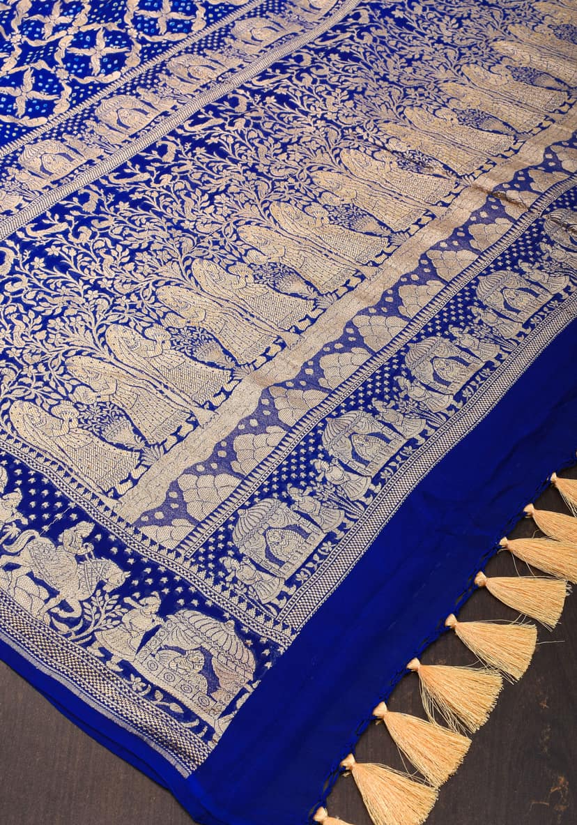 Blue Authentic Bandhej Pure ilk Georgette Saree with Shikaargah Jaal and Palki Borders | SILK MARK CERTIFIED view 8
