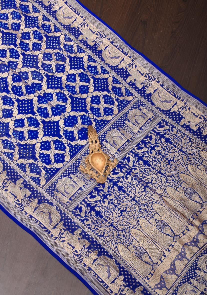 Blue Authentic Bandhej Pure ilk Georgette Saree with Shikaargah Jaal and Palki Borders | SILK MARK CERTIFIED view 9