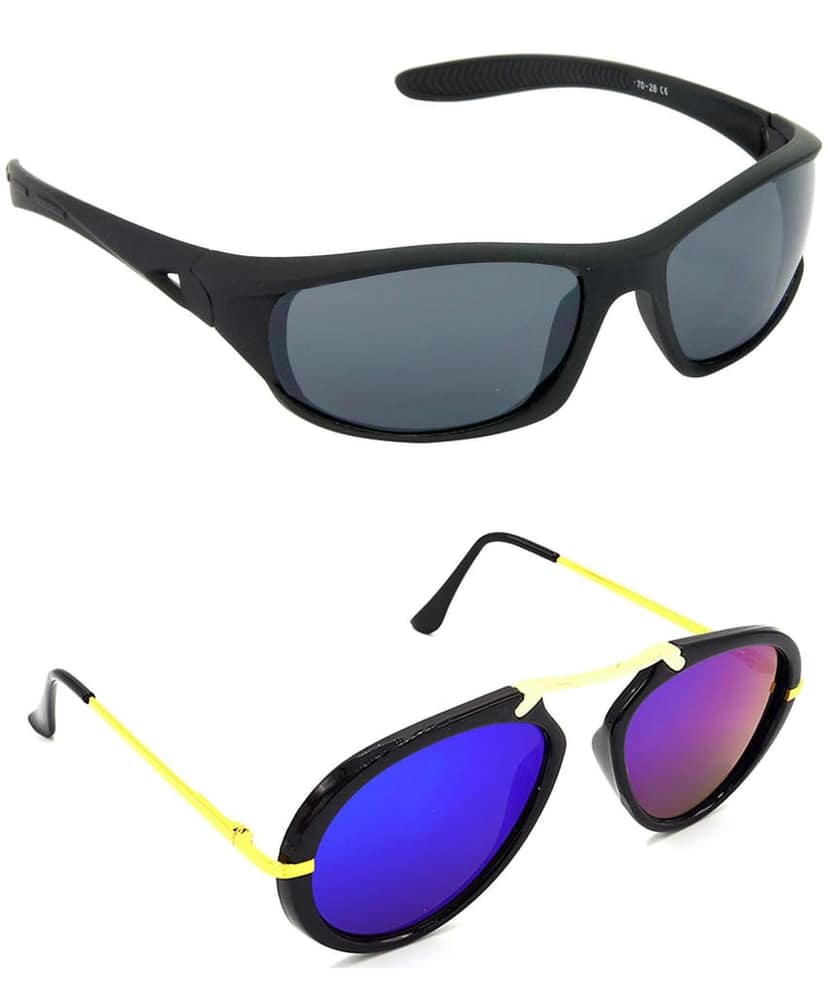 HRINKAR Unisex Sports Sunglasses Black & Golden Frame, Grey & Pink Lens (Medium) - Pack of 2