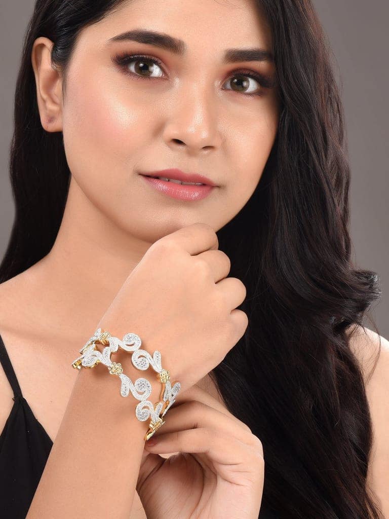 Set Of 2 Dua Toned Gold Plated Whitee AD Studded Handcrafted Leafy Design Bangles view 2