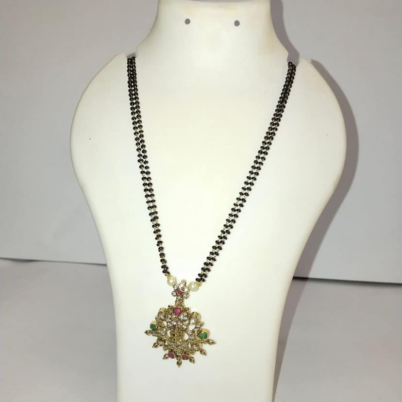 Black Beads Mangalsutra with intricate gold pendant view 4