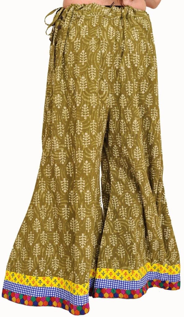 Green-Moss Casual Palazzo Pants from Pilkhuwa with Printed Bootis and Patch Border view 2