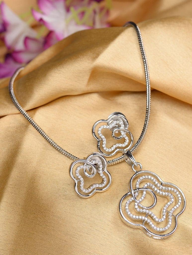 White Rhodium AD studded Floral design Pendant Earrings set chain view 2
