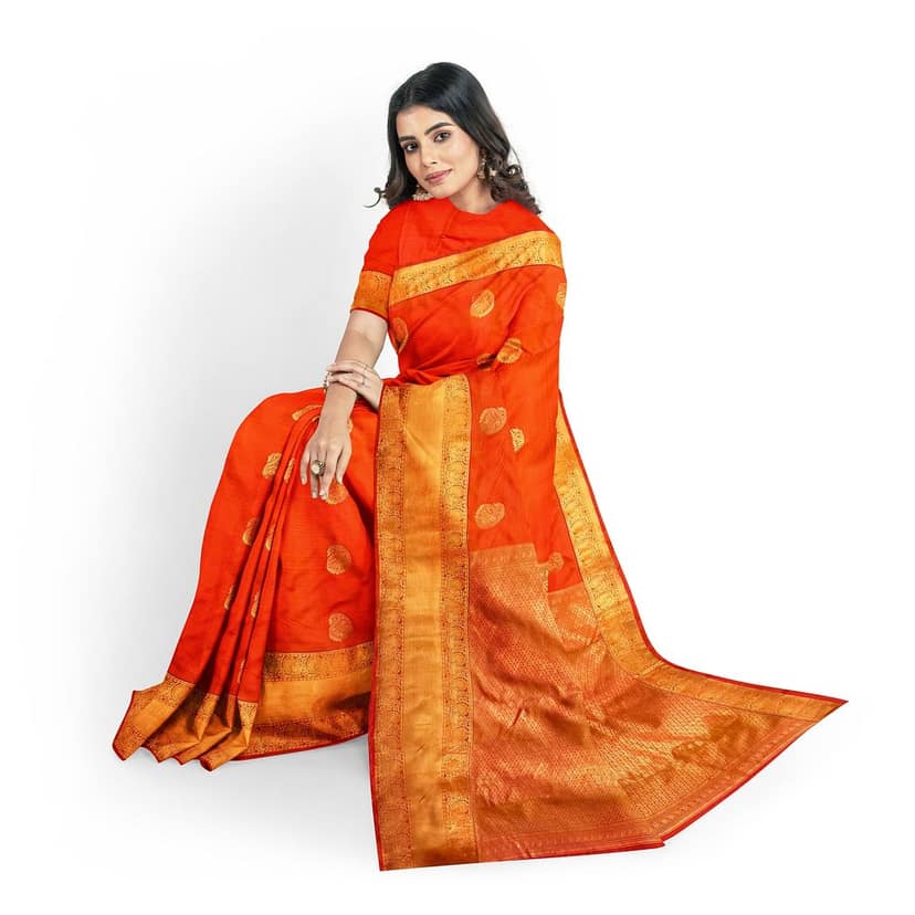 Dark Orange Beautiful Mango Butta Saree with Unstitched Blouse view 3