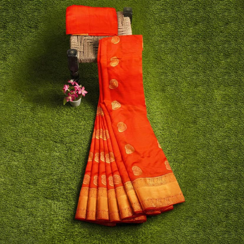 Dark Orange Beautiful Mango Butta Saree with Unstitched Blouse view 5