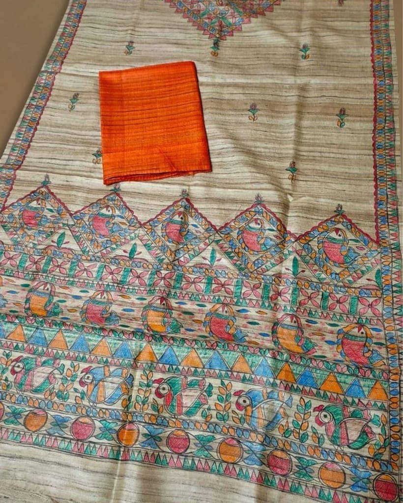 Silkmark Certified Tussar Grullo Brown Silk Madhubani Dupatta and Plain Tussar Orange Silk Top (Tussar by Tussar)-6171