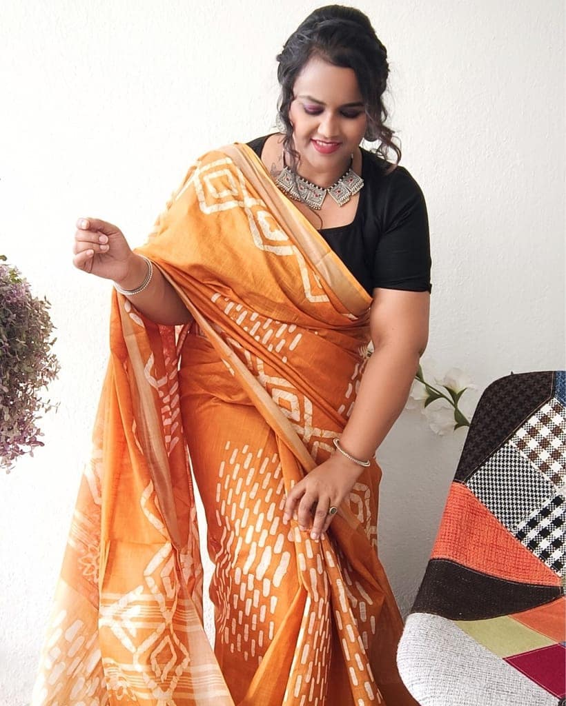 Slub Linen Batik Print Saree Mustard Yellow Color with running blouse-3026