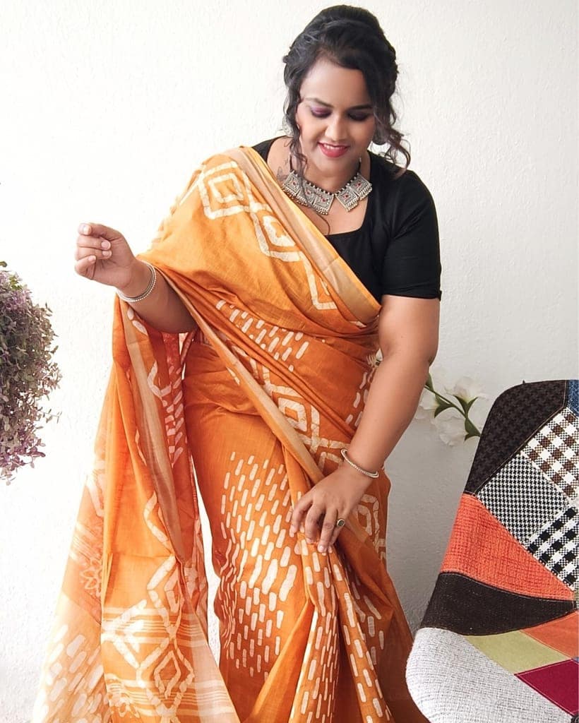 Slub Linen Batik Print Saree Mustard Yellow Color with running blouse-3026 view 3