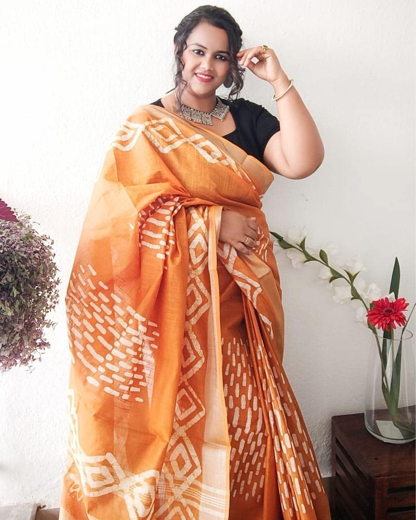 Slub Linen Batik Print Saree Mustard Yellow Color with running blouse-3026 view 4