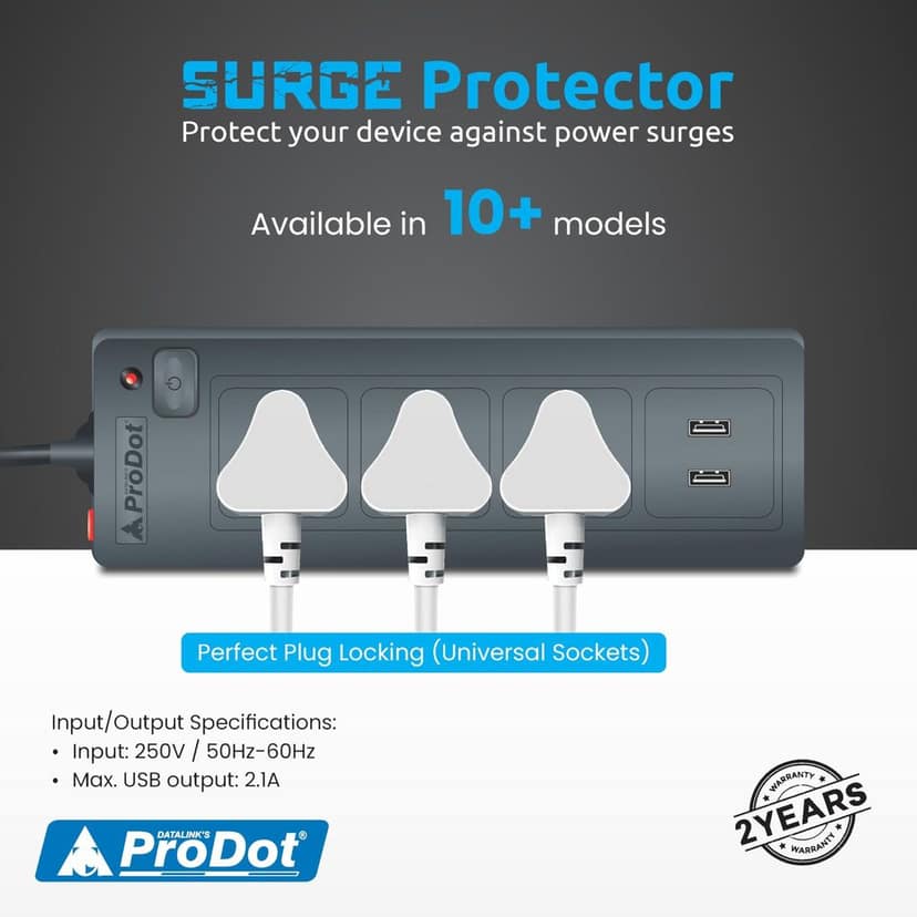 PRODOT Power Spike Guard, Strip Surge Protector with Master Switch and 3 Outlets with 2 USB, Heavy Duty Extension Cord for Home, Office, Travel & Phone Charging Bricks view 3