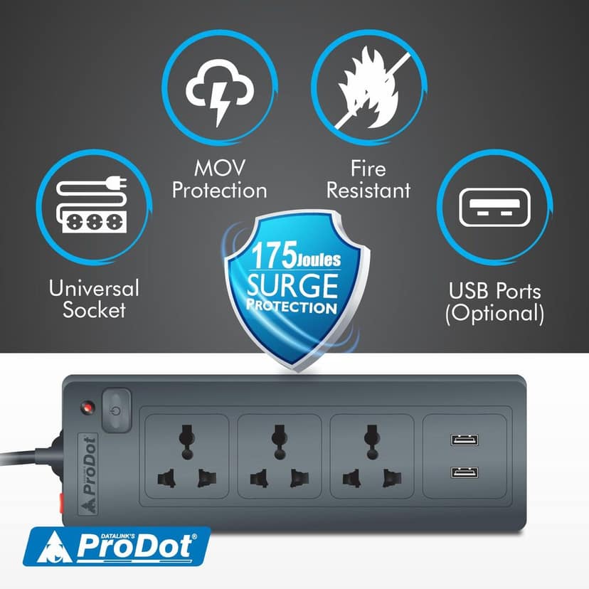 PRODOT Power Spike Guard, Strip Surge Protector with Master Switch and 3 Outlets with 2 USB, Heavy Duty Extension Cord for Home, Office, Travel & Phone Charging Bricks view 5