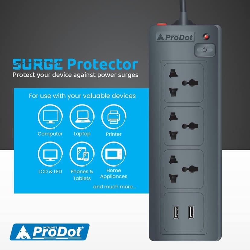 PRODOT Power Spike Guard, Strip Surge Protector with Master Switch and 3 Outlets with 2 USB, Heavy Duty Extension Cord for Home, Office, Travel & Phone Charging Bricks view 9