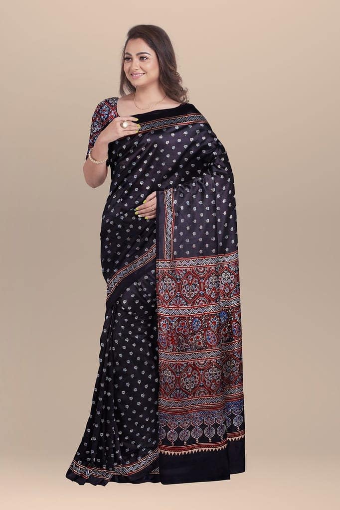 Black Geometrical Pattern Ajrakh Hand Block Print Modal Silk Saree SKU-BS10072 view 2
