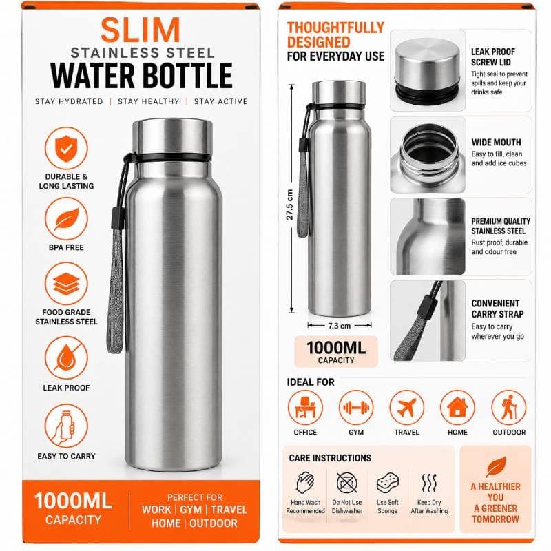 Coolton Slim Stainless Steel Water Bottle (1000ml) | Durable & Lightweight | Daily Hydration view 4