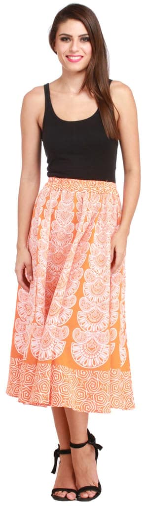 Vibrant-Orange Midi-Skirt from Pilkhuwa with Block Printed Motifs