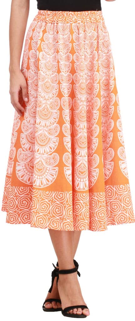 Vibrant-Orange Midi-Skirt from Pilkhuwa with Block Printed Motifs view 2