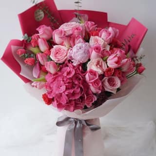 The Blooming Story Rich Pink Rose Hydrangea Tulip Hand-Tied Bouquet