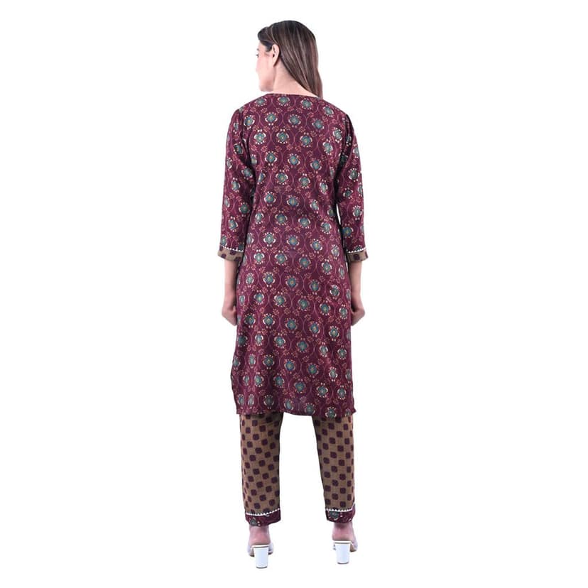 Women's Rayon Cotton Mix Fabric Block Printing and Zari Work Kurti Pant Set Color Maroon view 2