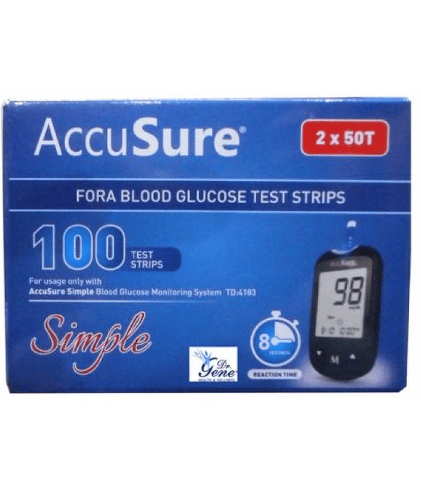 ACCUSURE Simple Blood Glucose Test 100 Strips, 2 X 50 Test Strip (Multicolor)