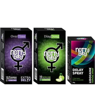 NottyBoy OverTime Non-Transferable Spray 20gm with Climax Delay and Fruit Flavour Condoms (Pack of 2, 20Pcs)