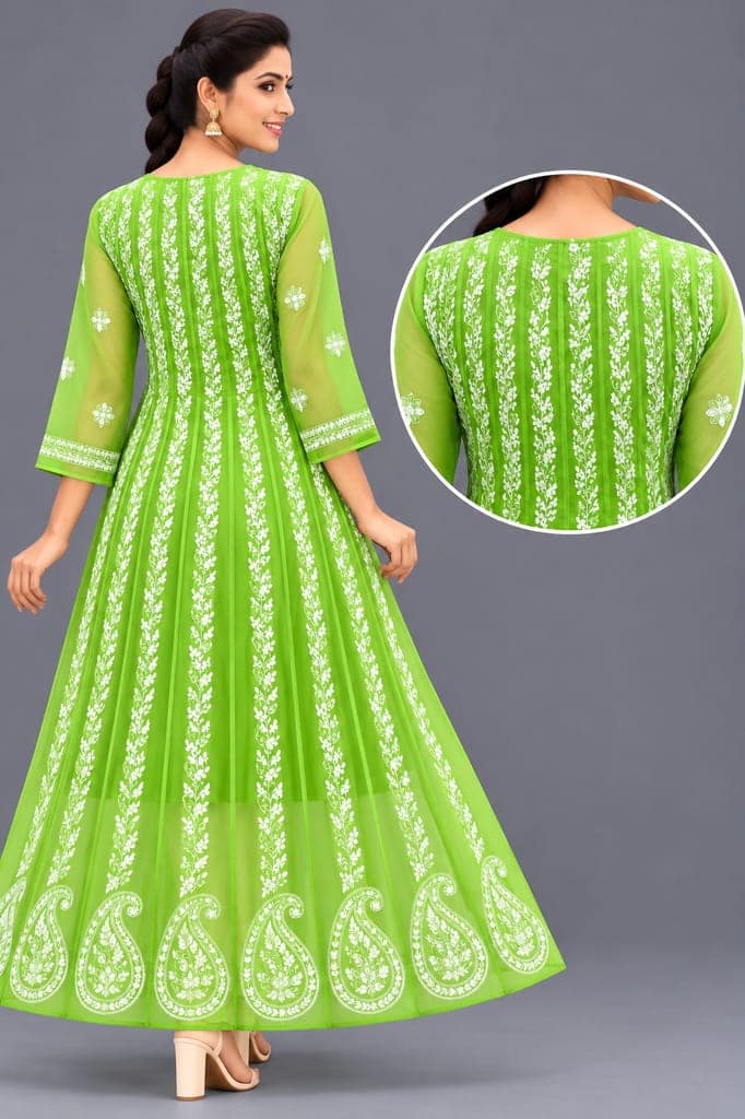 Mrs Right Women’s Lucknowi Chikankari Anarkali Kurta in Soft Georgette | Handcrafted Floral Embroidery | 3/4 Sleeves | 45 Inch Length | 74 Inch Flare | Festive Ethnic Wear view 4