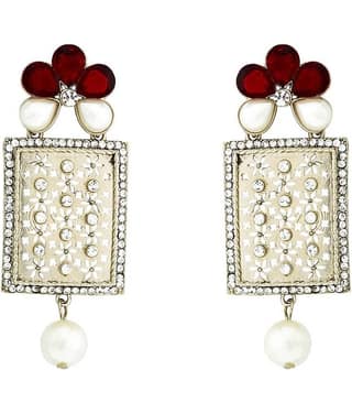 The Jewelbox Designer American Diamond Ruby Red Pearl Rhodium Long Earring for Women