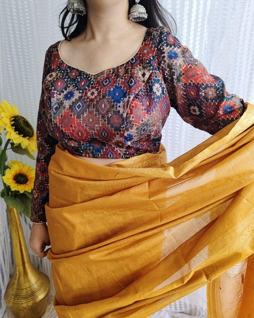 Crepe Silk Stitched Blouse Brown Color Ajrakh Print Embroidery and Sequence Work-7022 view 2