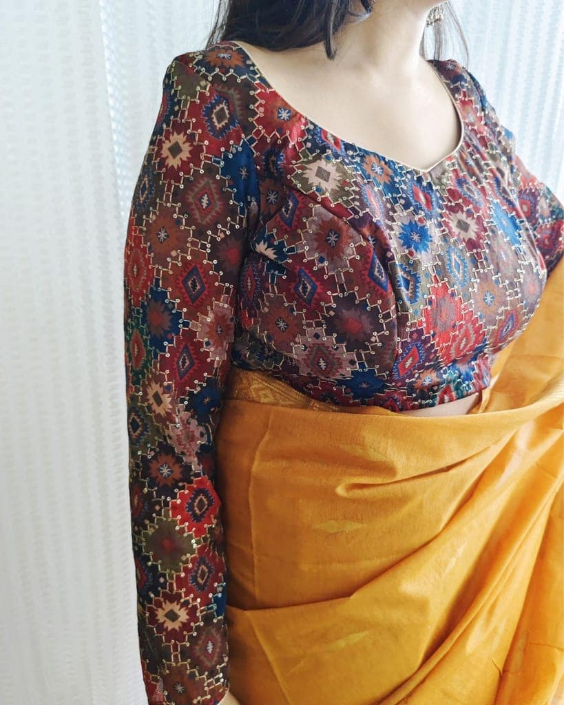 Crepe Silk Stitched Blouse Brown Color Ajrakh Print Embroidery and Sequence Work-7022 view 6