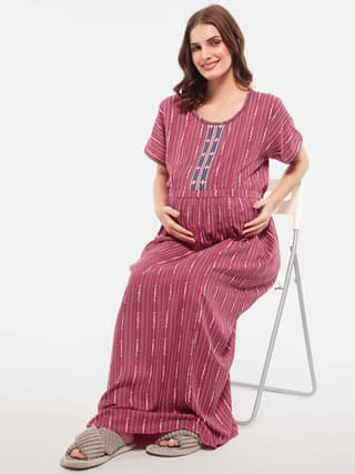 Zeyo Women Rayon Blue Stripes Print Maternity Feeding Nighty