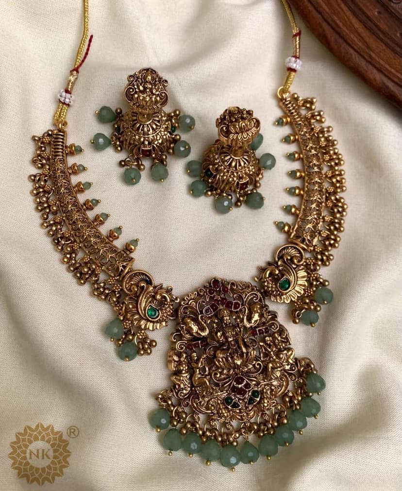 Antique Gold Temple Jewelry Necklace Set with Green Beads