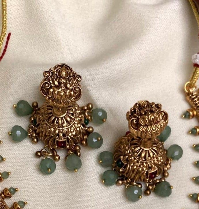 Antique Gold Temple Jewelry Necklace Set with Green Beads view 3