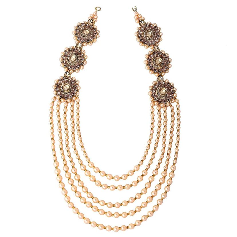 Artificial Jewelry Designer Rani Haar Chokar Set Stone & Pearl Necklace set with Jhumka Earrings & Mangtika for Women bridle wedding Patwa Jewellery Set - (Gold) view 2