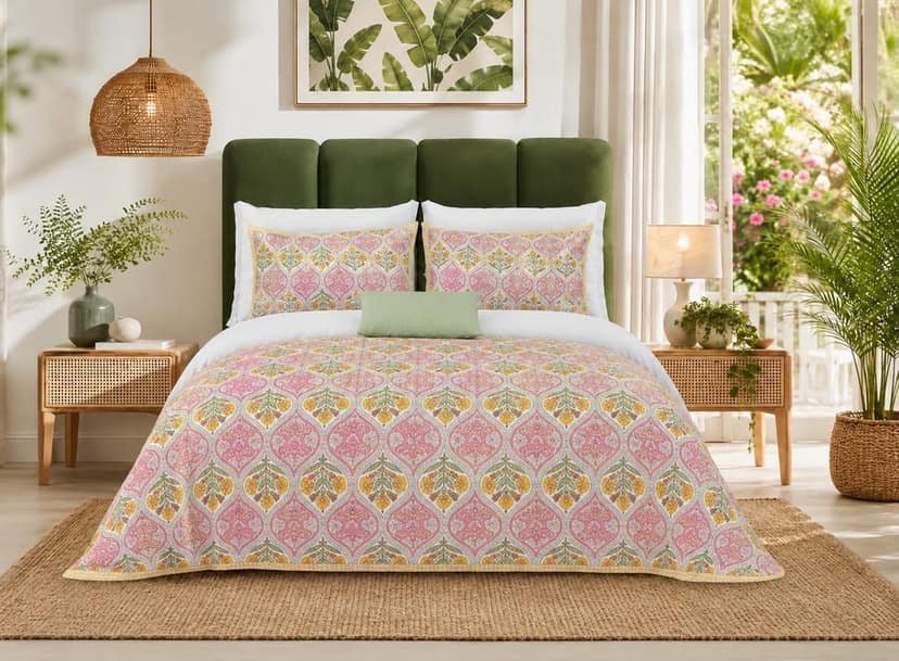 DHRUVINSR Luxury Super King Bed Size Cotton bedsheet with 2 Pillow Covers, Hand Block Floral Print ,274x274 cm,108 * 108 inches, 9*9 ft