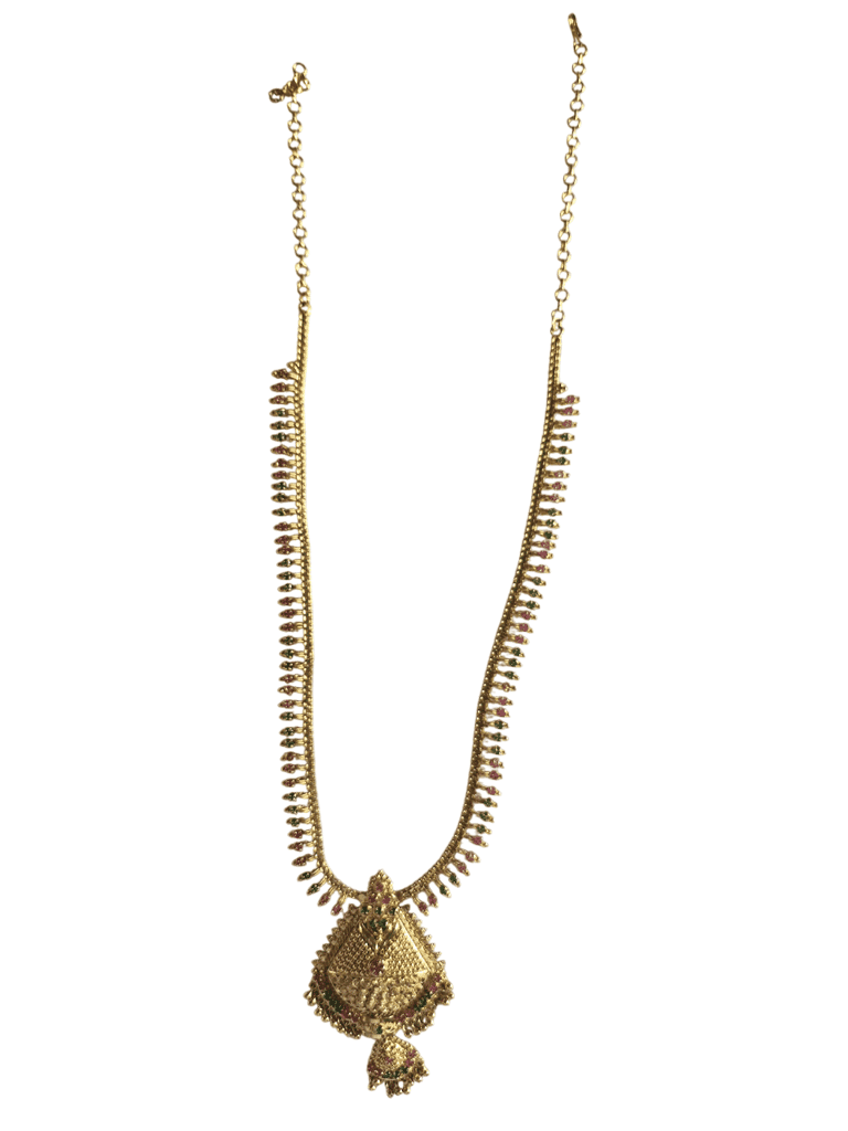 Gold Plated Traditional Indian Necklace Set with Ruby and Emerald Stones view 2