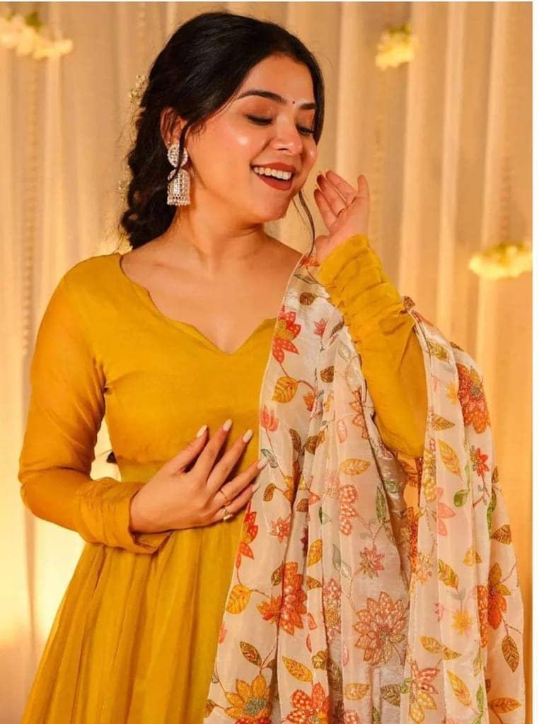 Mustard Yellow Georgette Anarkali Gown with Floral Embroidered Dupatta view 3