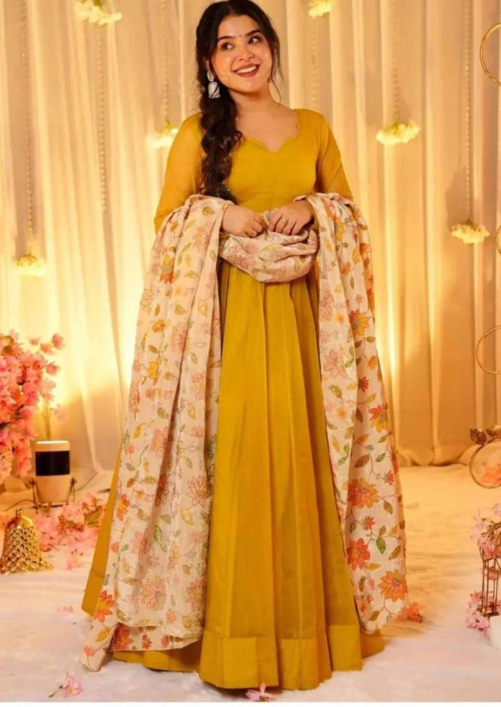 Mustard Yellow Georgette Anarkali Gown with Floral Embroidered Dupatta view 4